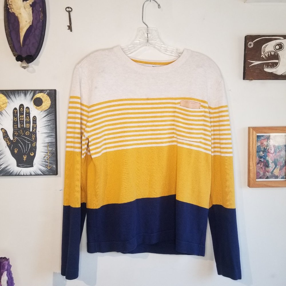 I'm David Yellow Beige Blue Striped Sweater Size M